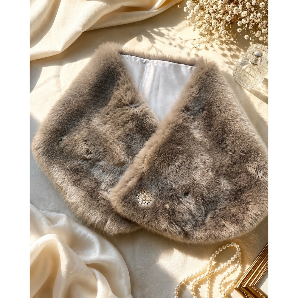 Vintage Faux Fur Wrap Stole Taupe Gray Pearl Rhinestone Clasp Bridal Holiday